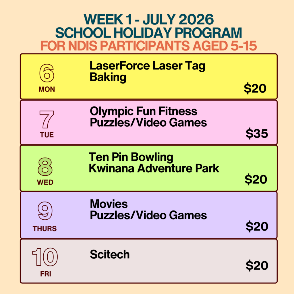 A colourful weekly activity schedule graphic for Guiding Fox's School Holiday Program, Week 1, July 2026, for NDIS participants aged 5 to 15 in Baldivis, Perth. The background is warm peach. Five days of activities are displayed in coloured rows with dates, activity names, and entry fees. Monday 6 July — LaserForce Laser Tag and Baking, $20, yellow row. Tuesday 7 July — Olympic Fun Fitness and Puzzles and Video Games, $35, pink row. Wednesday 8 July — Ten Pin Bowling and Kwinana Adventure Park, $20, green row. Thursday 9 July — Movies and Puzzles and Video Games, $20, purple row. Friday 10 July — Scitech, $20, cream row.