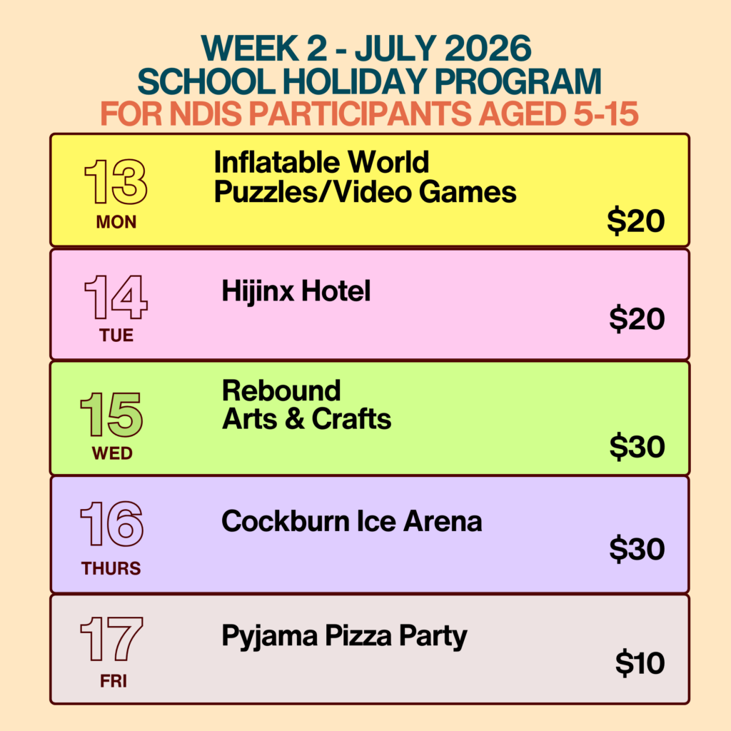A colourful weekly activity schedule graphic for Guiding Fox's School Holiday Program, Week 2, July 2026, for NDIS participants aged 5 to 15 in Baldivis, Perth. The background is warm peach. Five days of activities are displayed in coloured rows with dates, activity names, and entry fees. Monday 13 July — Inflatable World and Puzzles and Video Games, $20, yellow row. Tuesday 14 July — Hijinx Hotel, $20, pink row. Wednesday 15 July — Rebound and Arts and Crafts, $30, green row. Thursday 16 July — Cockburn Ice Arena, $30, purple row. Friday 17 July — Pyjama Pizza Party, $10, cream row.